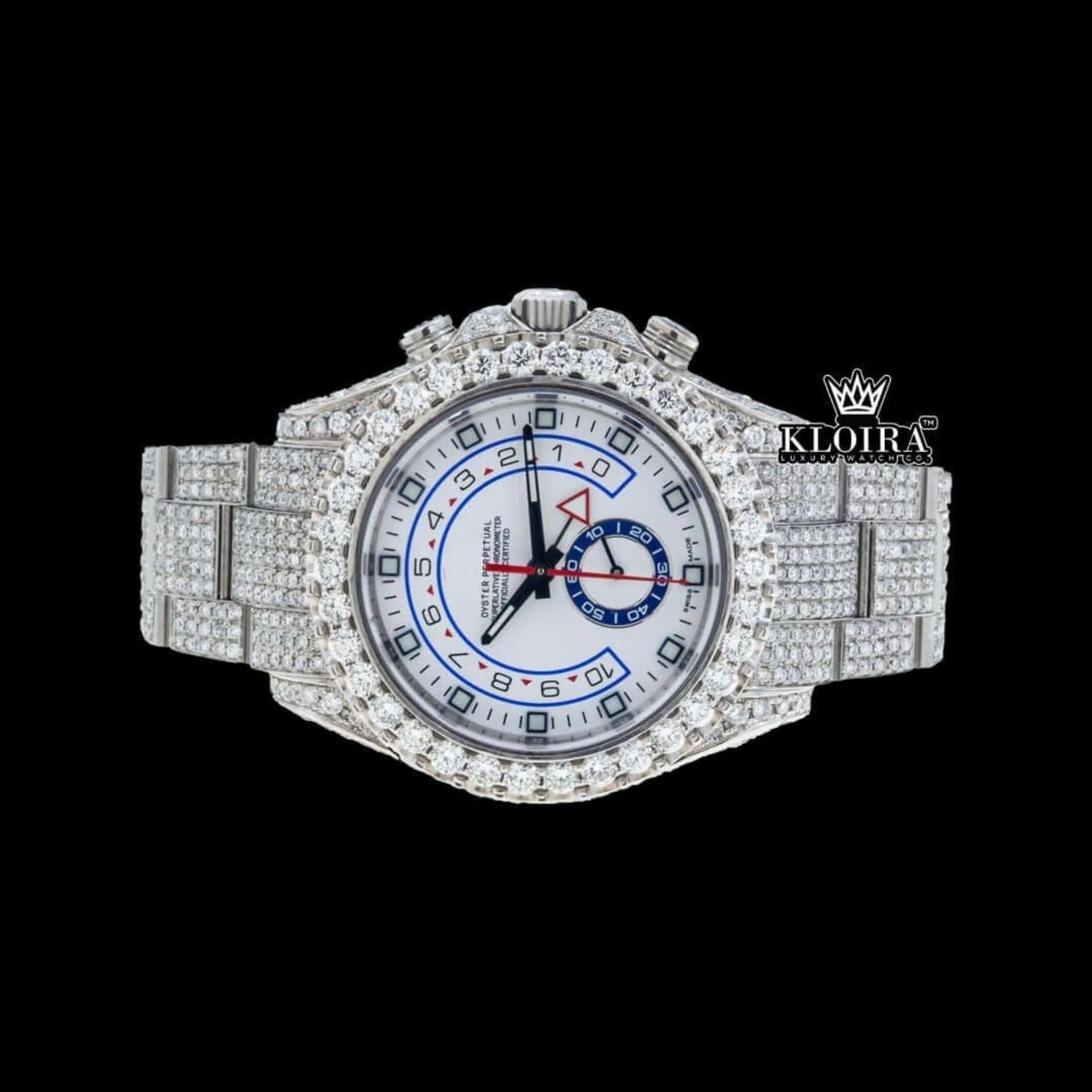 White Dial Standard Numerals Fully Iced Out Moissanite Watch Close Up Front View