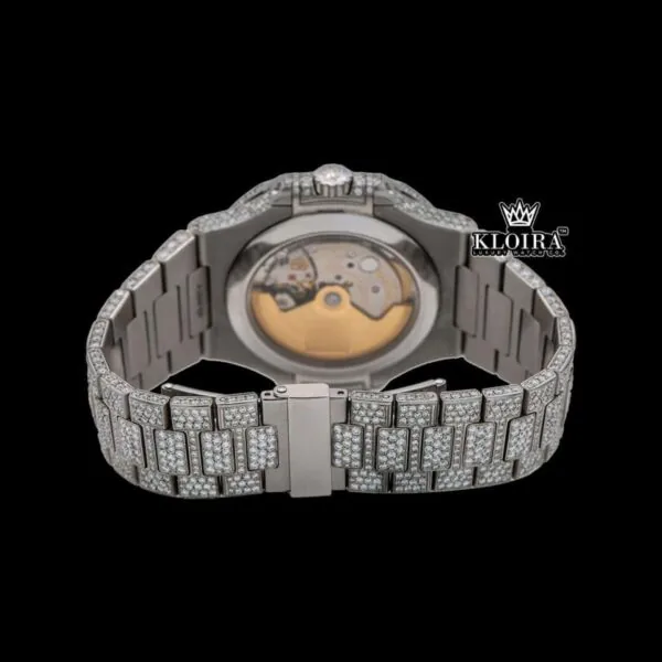 White Dial Stick Markers Moonphase Fully Iced Out Moissanite Diamond Watch Caseback View