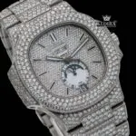 White Dial Stick Markers Moonphase Fully Iced Out Moissanite Diamond Watch Close Up Dial View