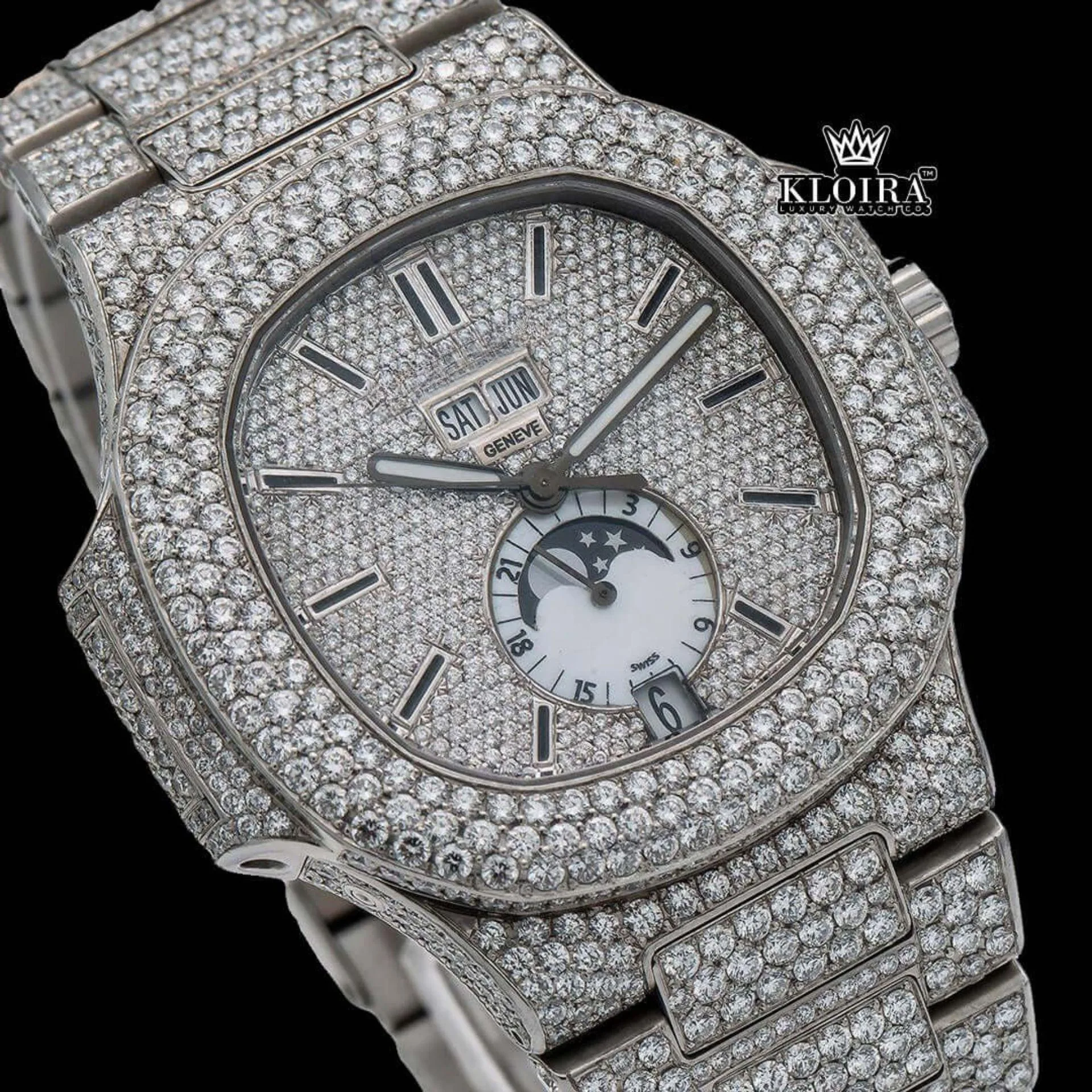 White Dial Stick Markers Moonphase Fully Iced Out Moissanite Diamond Watch Close Up Dial View