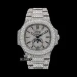 Patik Philippe Moonphase Fully Iced Out Moissanite Watch with White Dial