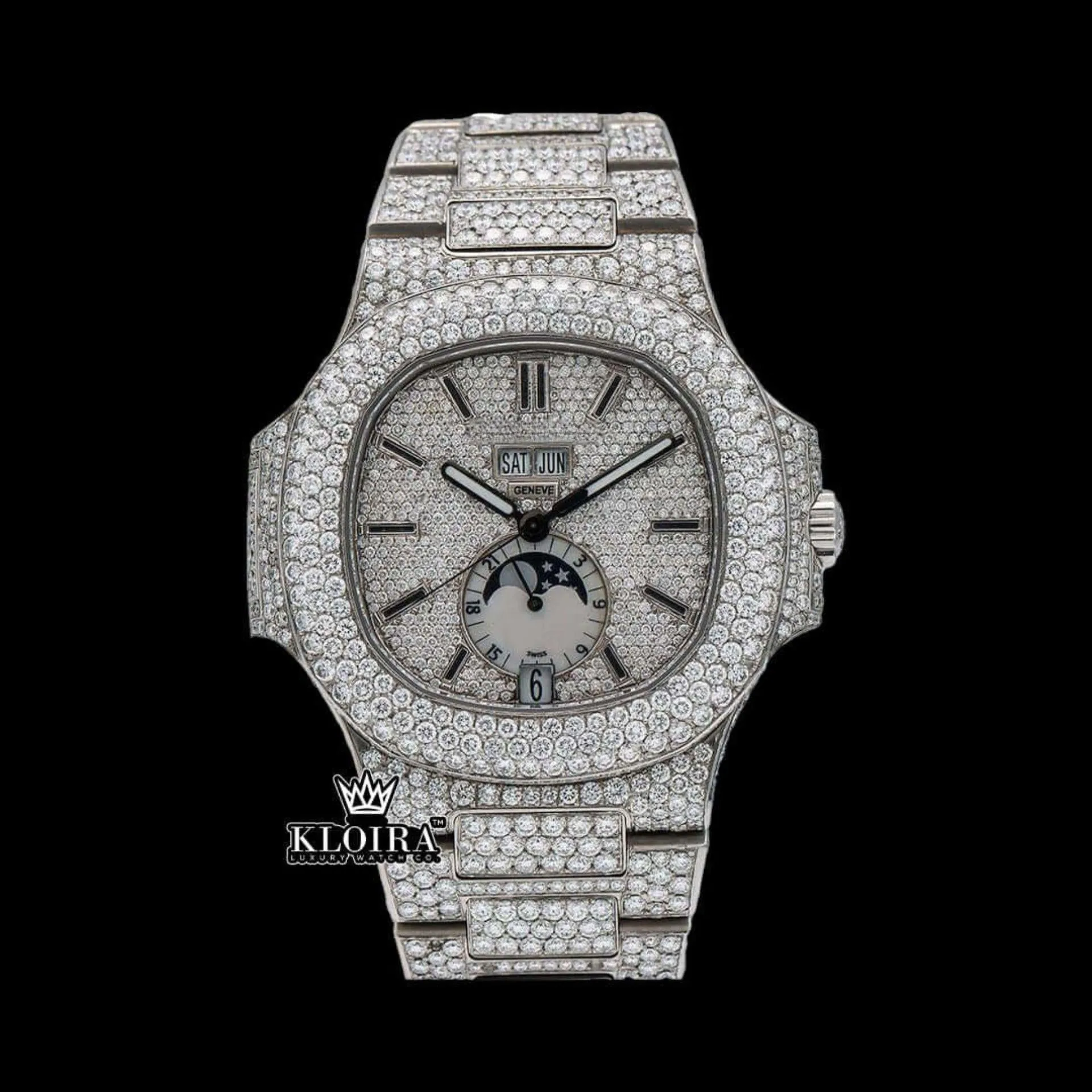Patik Philippe Moonphase Fully Iced Out Moissanite Watch with White Dial