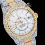 White Dial Two Tone Gold Silver Dual Time Fully Iced Out Moissanite Watch Close Up Dial View