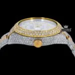White Dial Two Tone Gold Silver Dual Time Fully Iced Out Moissanite Watch Crown View
