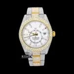 Roles Dual Time Fully Iced Out Moissanite Watch with White Dial and Two-Tone Design