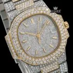 White Dial Yellow Stick Markers Fully Iced Out Moissanite Diamond Watch Close Up Dial View