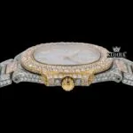 White Dial Yellow Stick Markers Fully Iced Out Moissanite Diamond Watch Crown View