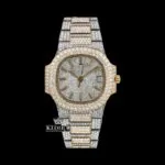 Patik Philippe Nautilus Fully Iced Out Moissanite Watch with White Dial and Yellow Stick Markers
