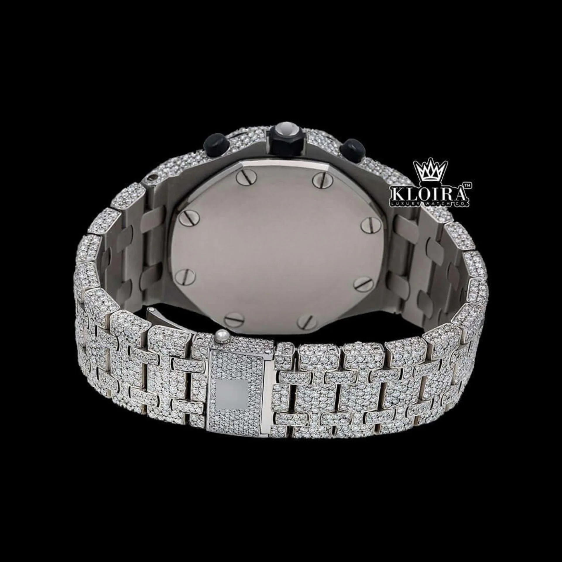 White Gold Iced Out Chronograph Moissanite Diamond Watch Caseback View