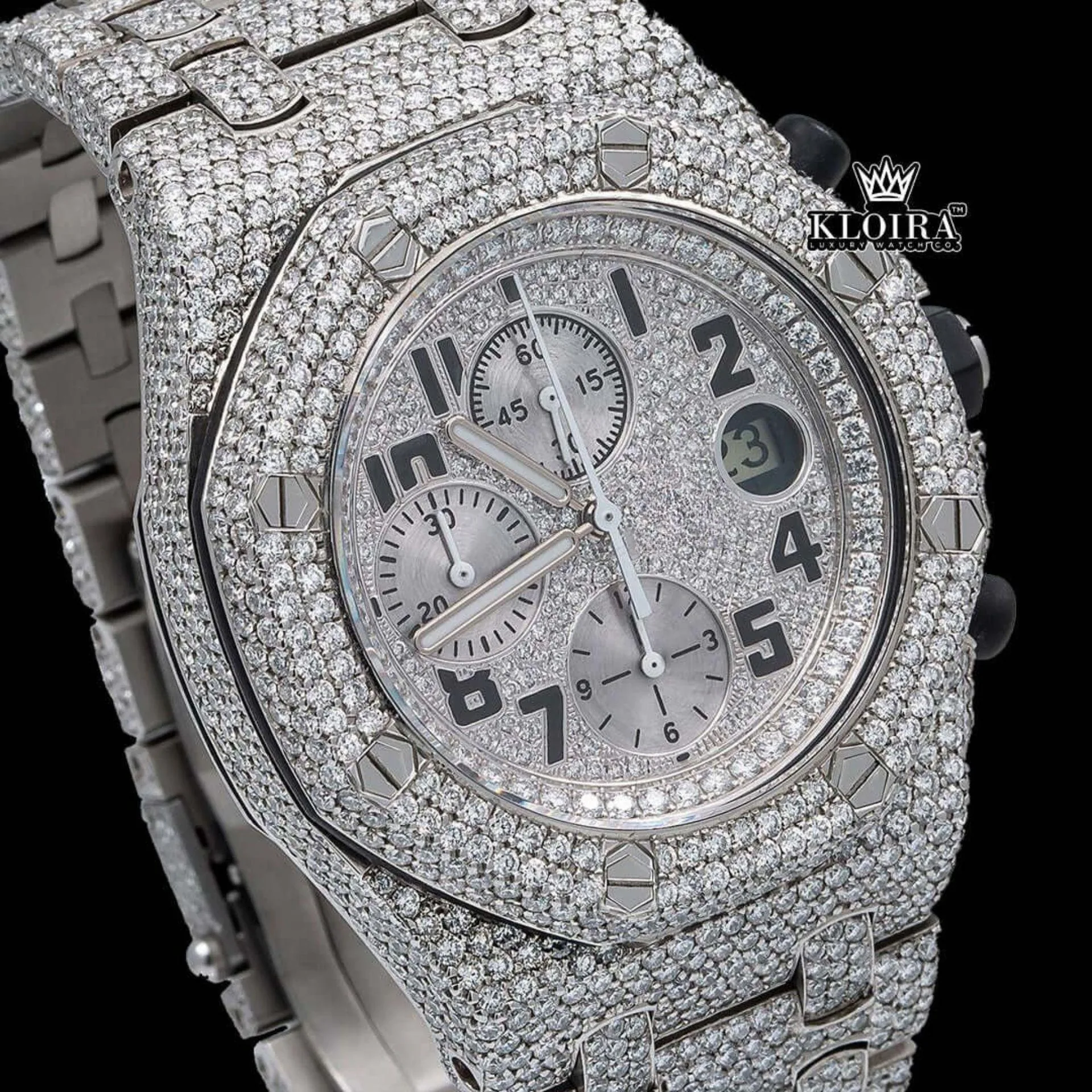 White Gold Iced Out Chronograph Moissanite Diamond Watch Close Up Dial View