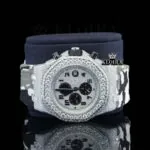White Grey Rubber Strap Silver Dial Iced Out Moissanite Diamond Watch Close Up Front View