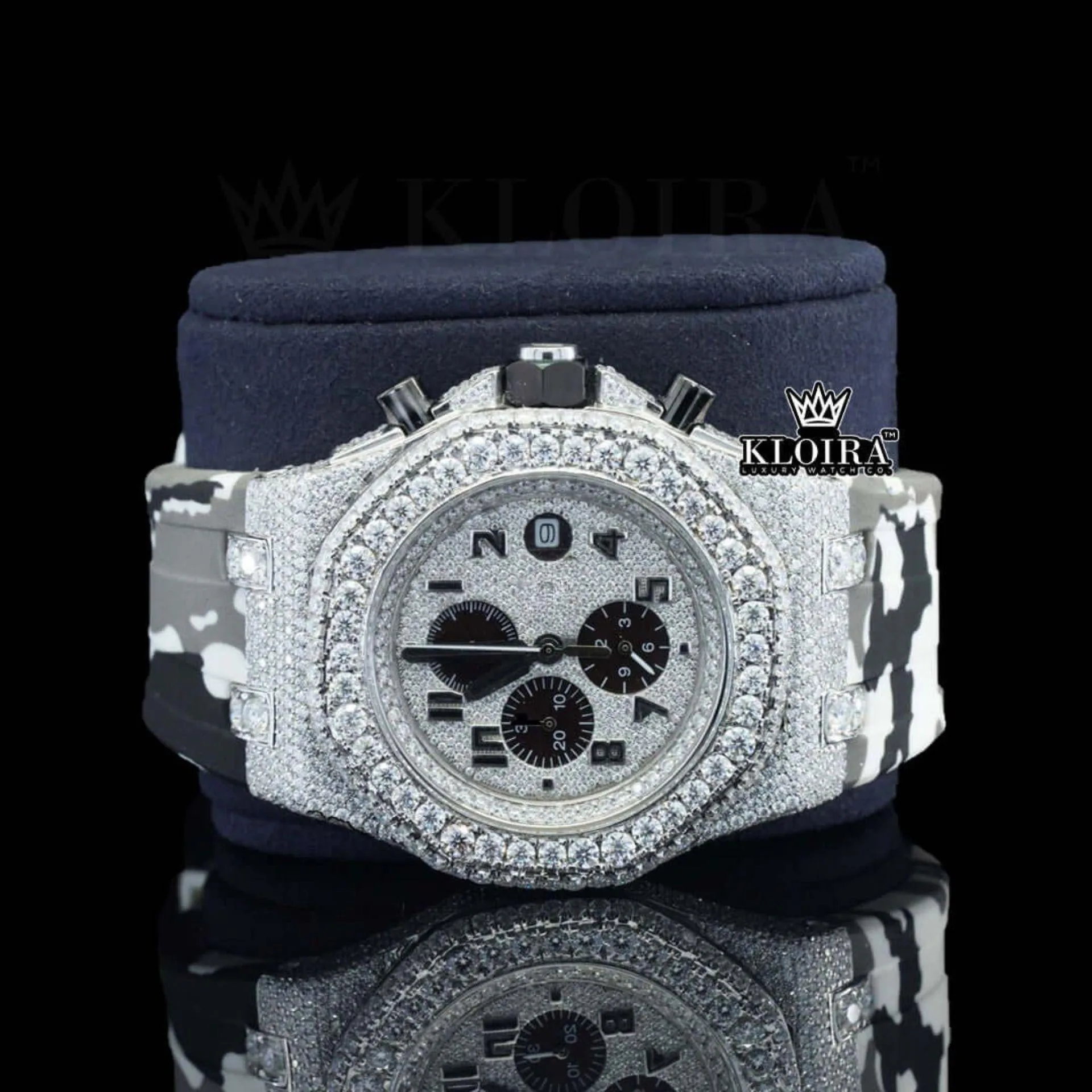 White Grey Rubber Strap Silver Dial Iced Out Moissanite Diamond Watch Close Up Front View