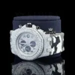 White Grey Rubber Strap Silver Dial Iced Out Moissanite Diamond Watch Left Profile View