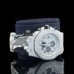 White Grey Rubber Strap Silver Dial Iced Out Moissanite Diamond Watch Right Profile View