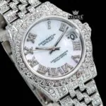 White Pearl Dial Roman Numerals Diamond Link Strap Iced Out Moissanite Watch Close Up Dial View