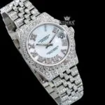 White Pearl Dial Roman Numerals Diamond Link Strap Iced Out Moissanite Watch Close Up Front View