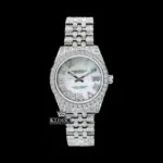 Roles White Pearl Dial Roman Numerals Moissanite Watch with Diamond Link Strap