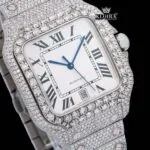 White Roman Dial Black Hands Fully Iced Out Moissanite Watch Close Up Dial View