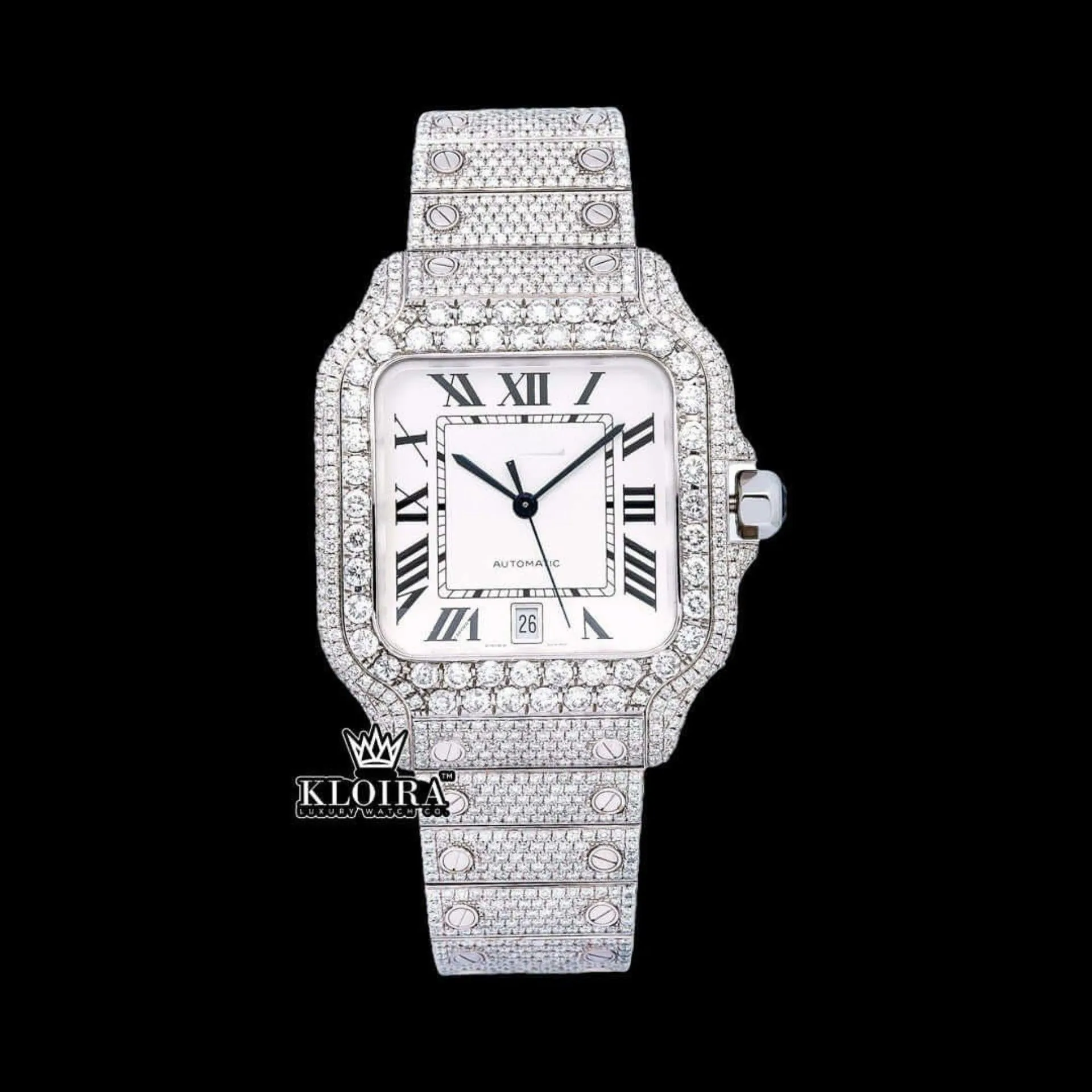 Cartior White Roman Dial Moissanite Watch with Iced-Out Bracelet