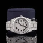White Roman Dial Full Iced Out Classic Link Strap Moissanite Watch Close Up Front View