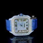 Cartior White Roman Dial Semi Iced Out Moissanite Watch with Blue Leather Strap