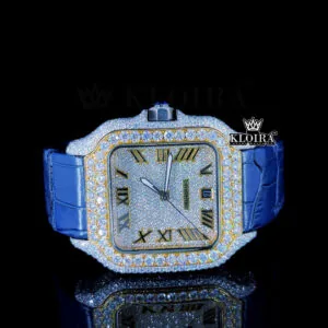 Cartior White Roman Dial Semi Iced Out Moissanite Watch with Blue Leather Strap
