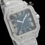 White Roman Numerals Blue Dial Full Iced Out Moissanite Watch Close Up Dial View