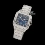 Cartior Roman Numerals Blue Dial Iced Out Moissanite Watch with sparkling details