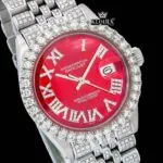 White Roman Numerals Red Dial Fuully Iced Moissanite Diamond Watch Close Up Dial View