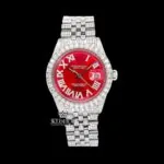 Roles Moissanite Watch with Red Dial and Roman Numerals, fully iced with moissanite diamonds.