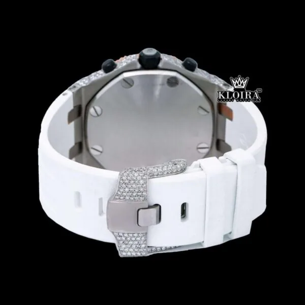 White Rubber Strap Chronograph Dial Semi Iced Out Moissanite Watch Caseback View