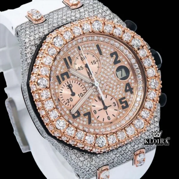 White Rubber Strap Chronograph Dial Semi Iced Out Moissanite Watch Close Up Dial View