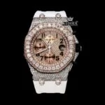 White Rubber Strap Chronograph Dial Semi Iced Out Moissanite Watch Close Up Front View