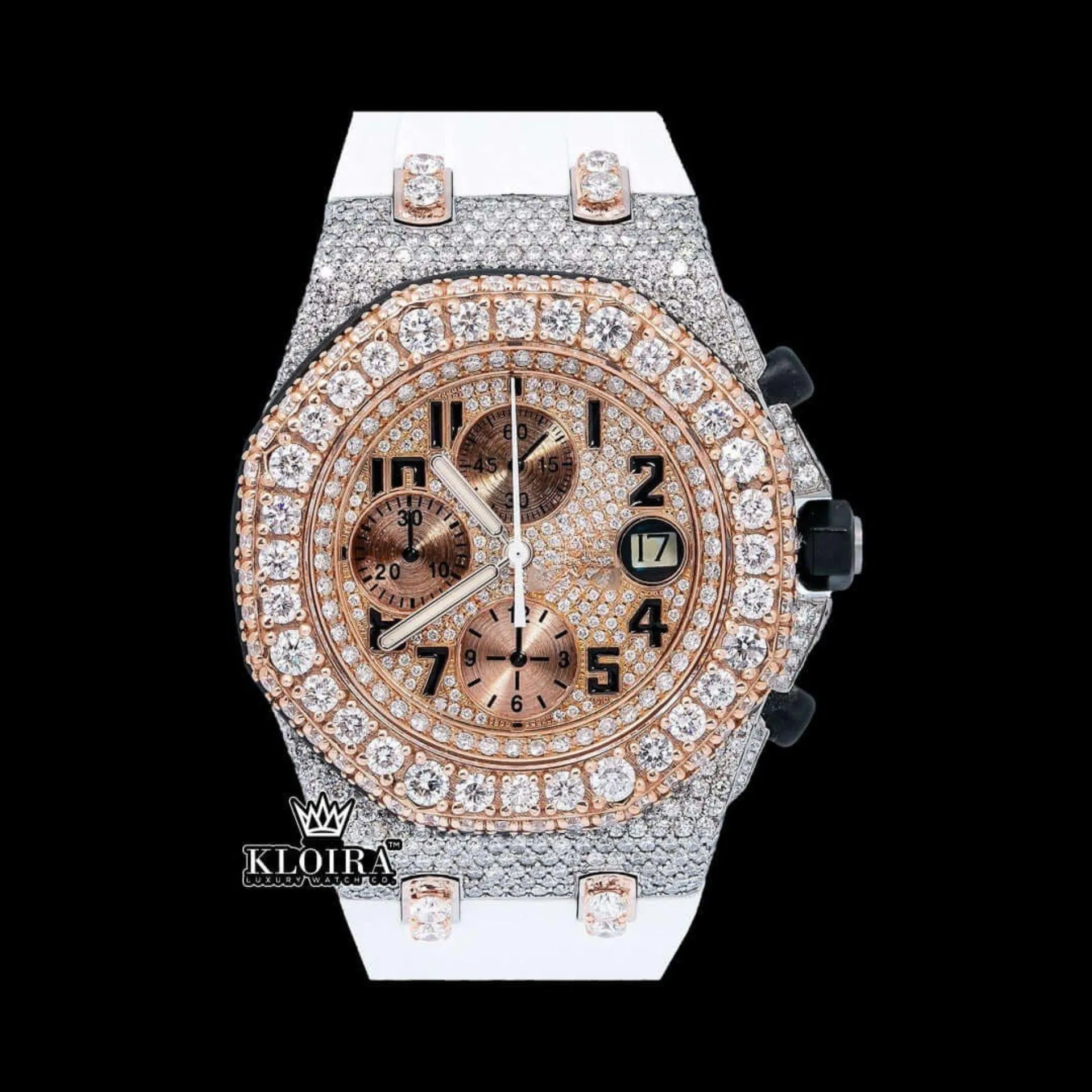AP Royal Oak Offshore Chronograph Dial Moissanite Watch with Rose Gold and White Strap