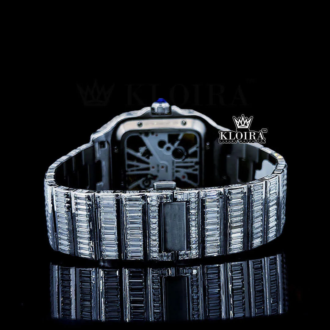 White Skeleton Dial Fully Iced Out Baguette Moissanite Watch Caseback View