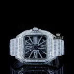 Cartior White Skeleton Dial Fully Iced Out Baguette Moissanite Watch with Skeleton Movement