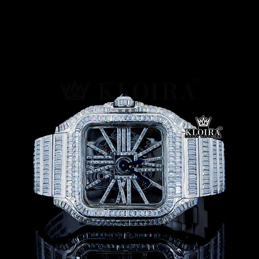Cartior White Skeleton Dial Fully Iced Out Baguette Moissanite Watch with Skeleton Movement