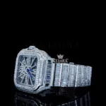 White Skeleton Dial Fully Iced Out Baguette Moissanite Watch Left Profile View
