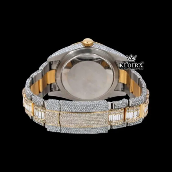 White Stick Markers Black Dial Two Tone Iced Out Moissanite Diamond Watch Caseback View
