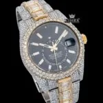 White Stick Markers Black Dial Two Tone Iced Out Moissanite Diamond Watch Close Up Dial View