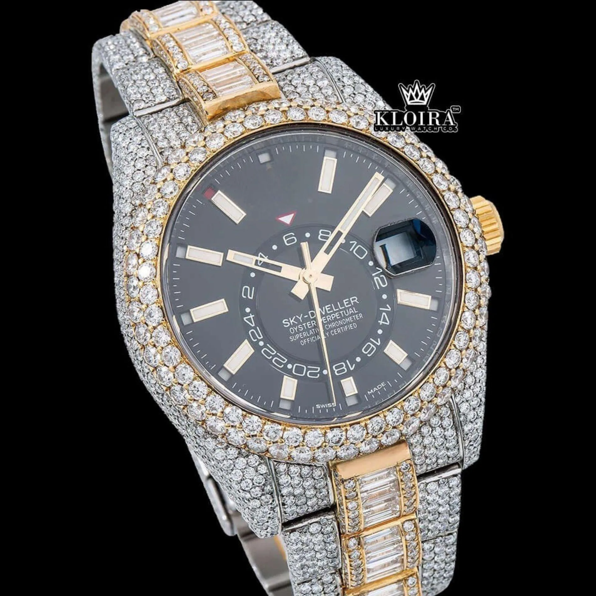 White Stick Markers Black Dial Two Tone Iced Out Moissanite Diamond Watch Close Up Dial View