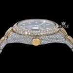 White Stick Markers Black Dial Two Tone Iced Out Moissanite Diamond Watch Crown View