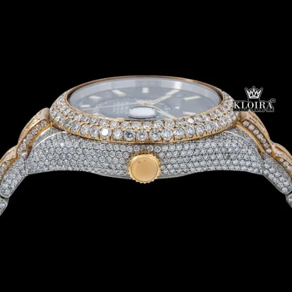 White Stick Markers Black Dial Two Tone Iced Out Moissanite Diamond Watch Crown View