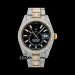 Roles Sky-Dweller Two Tone Iced Out Moissanite Watch front view with black dial and gold accents