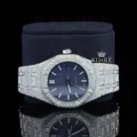 White Stick Markers Blue Dial Fully Iced Out Moissanite Diamond Watch Close Up Front View