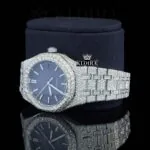 White Stick Markers Blue Dial Fully Iced Out Moissanite Diamond Watch Left Profile View