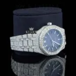 White Stick Markers Blue Dial Fully Iced Out Moissanite Diamond Watch Right Profile View