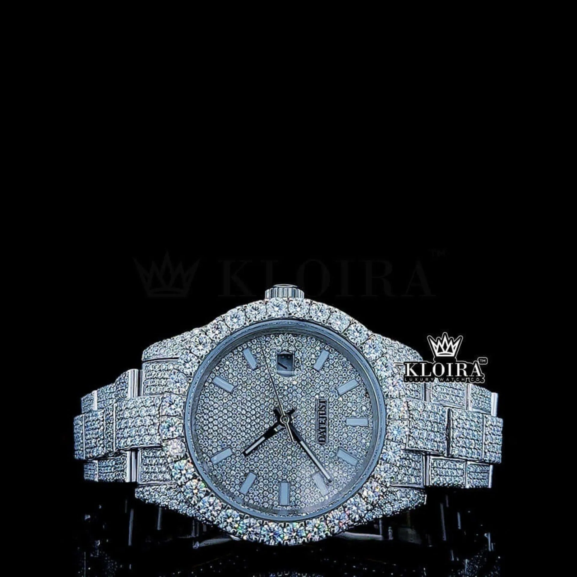 Roles White Gold Moissanite Watch with Stick Markers Dial and Full Icing