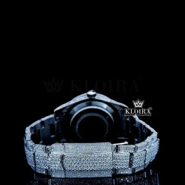 White Stick Markers Dial Full Iced Out White Gold Moissanite Watch Left Side Caseback View