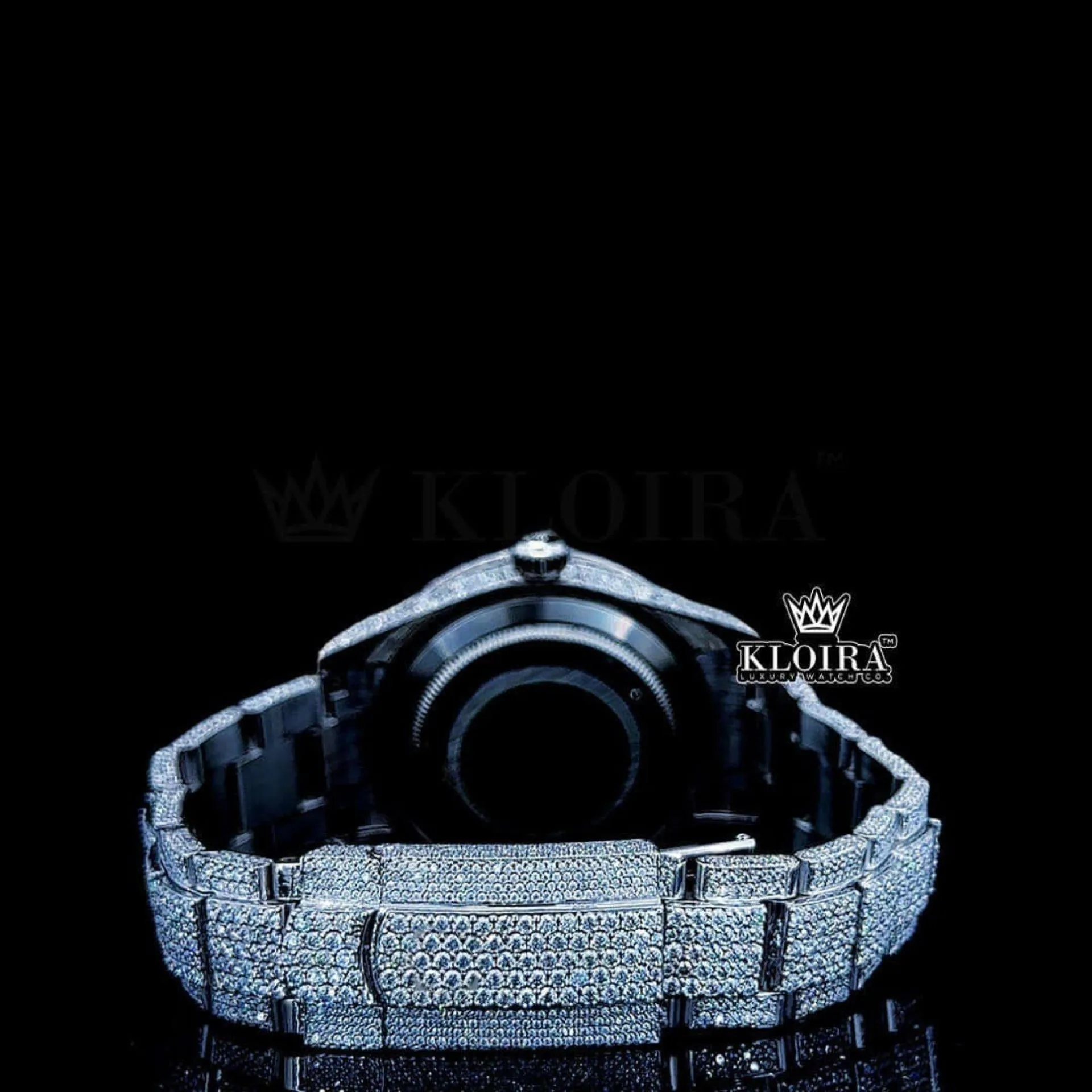 White Stick Markers Dial Full Iced Out White Gold Moissanite Watch Left Side Caseback View
